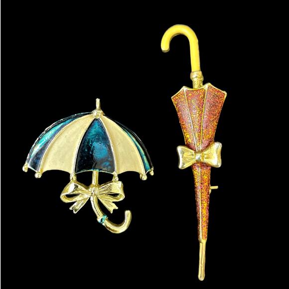 Vintage Lot 2 Umbrellas Enamel Blue White Gerry & Red/Orange Glitter Brooch Pin - Picture 1 of 6